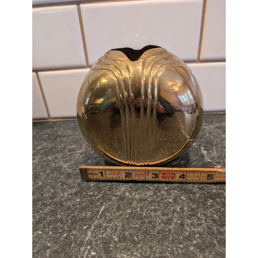 Vintage Brass Art Deco Ribbed Orb Bud Vase Round Polished Gold Tone MCM Decor